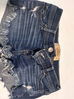 Hollister Women's Dark Blue Distressed Denim Shorts